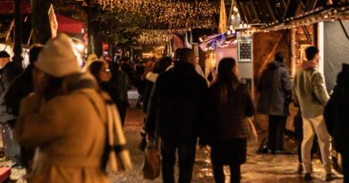 Marché de Noël à Bordeaux la nuit, avec des stands illuminés, des décorations festives et une ambiance chaleureuse sous les lumières scintillantes.